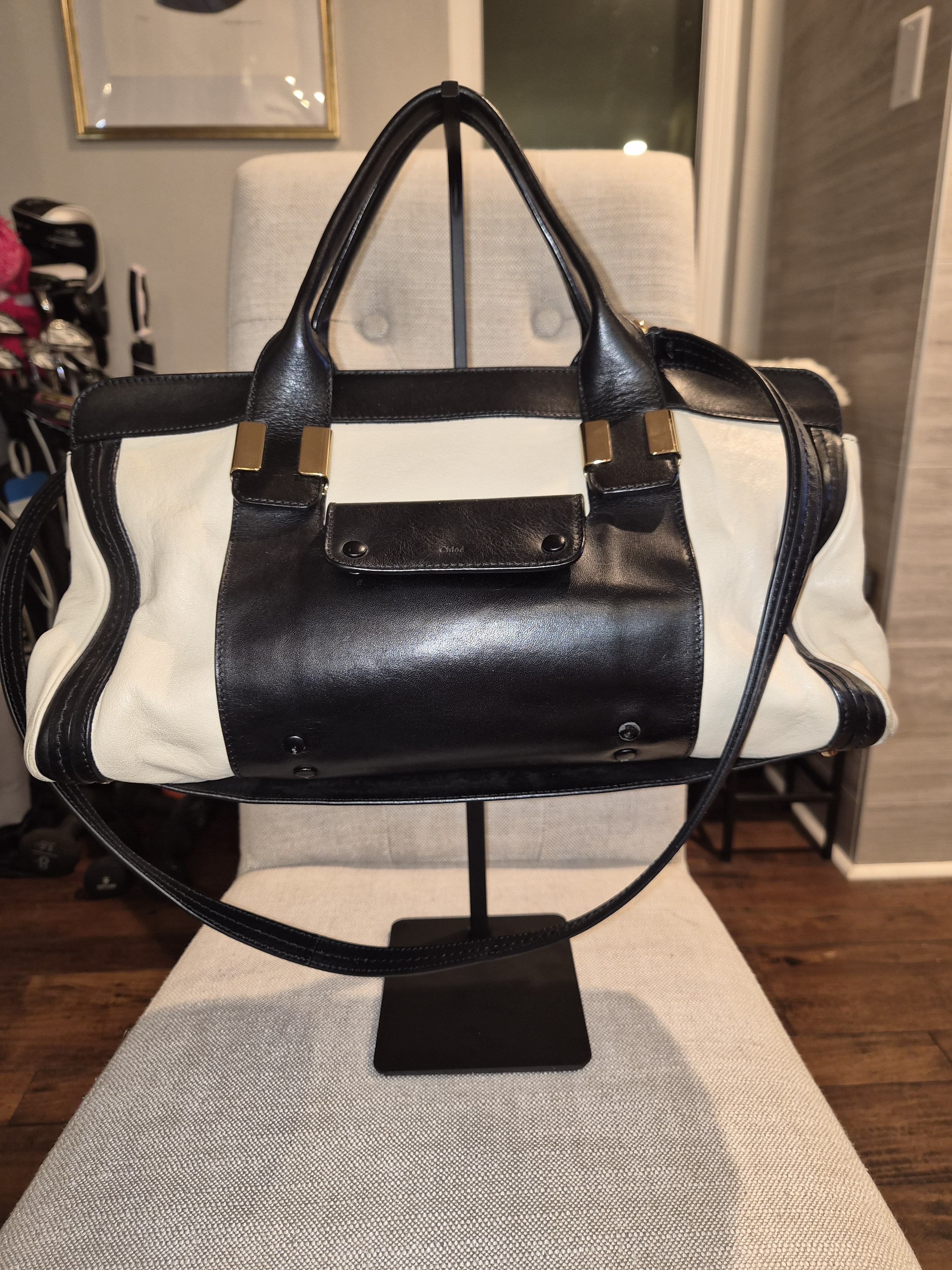 Chlo Alice Medium Colorblock Satchel Bag Black Cream Leather Top Handle